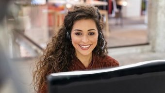 woman headset smiling